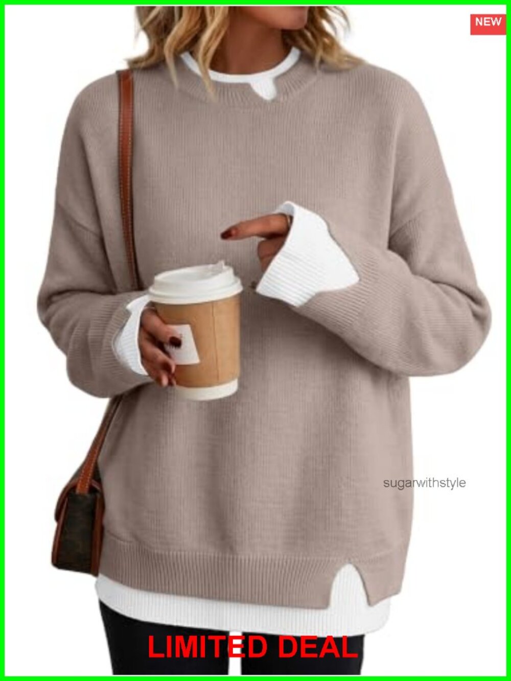 Oversized Patchwork Sweater Slit Cuffs Crew Neck Pullover